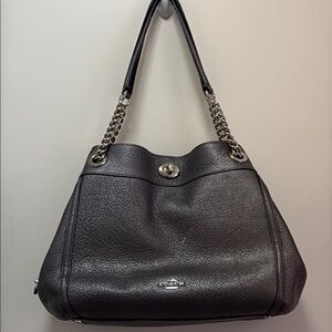 COACH Turnlock Edie Metallic Gunmetal Pebbled Leather Shoulder Bag